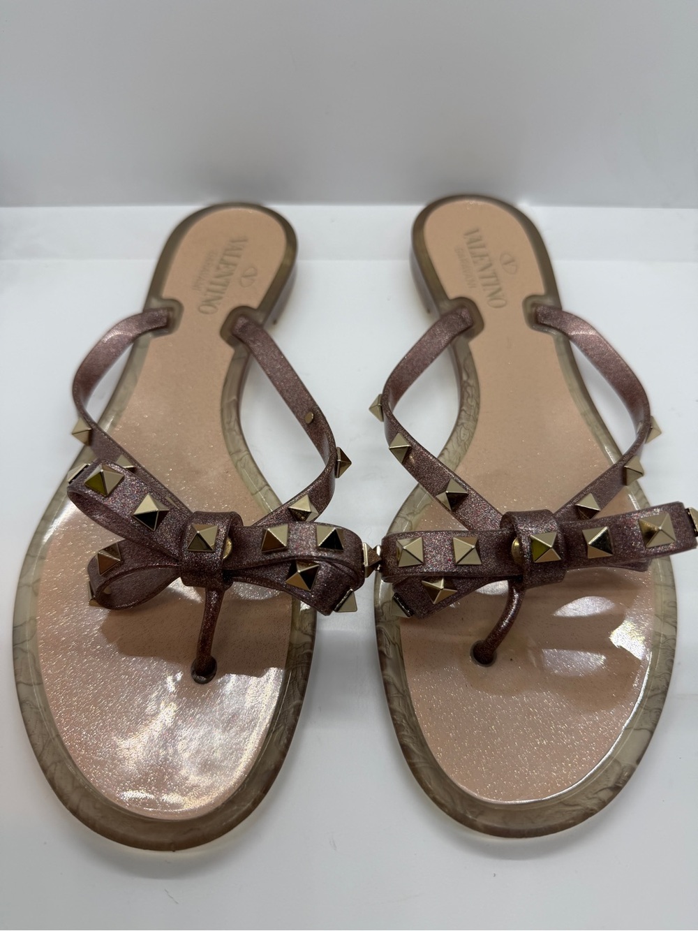 Valentino Metallic Rose Gold Studded Bow Jelly Sandals